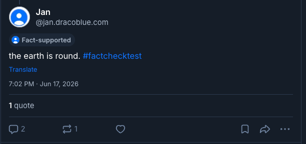 Fact-supported badge on a "the earth is round" post in the Bluesky timeline